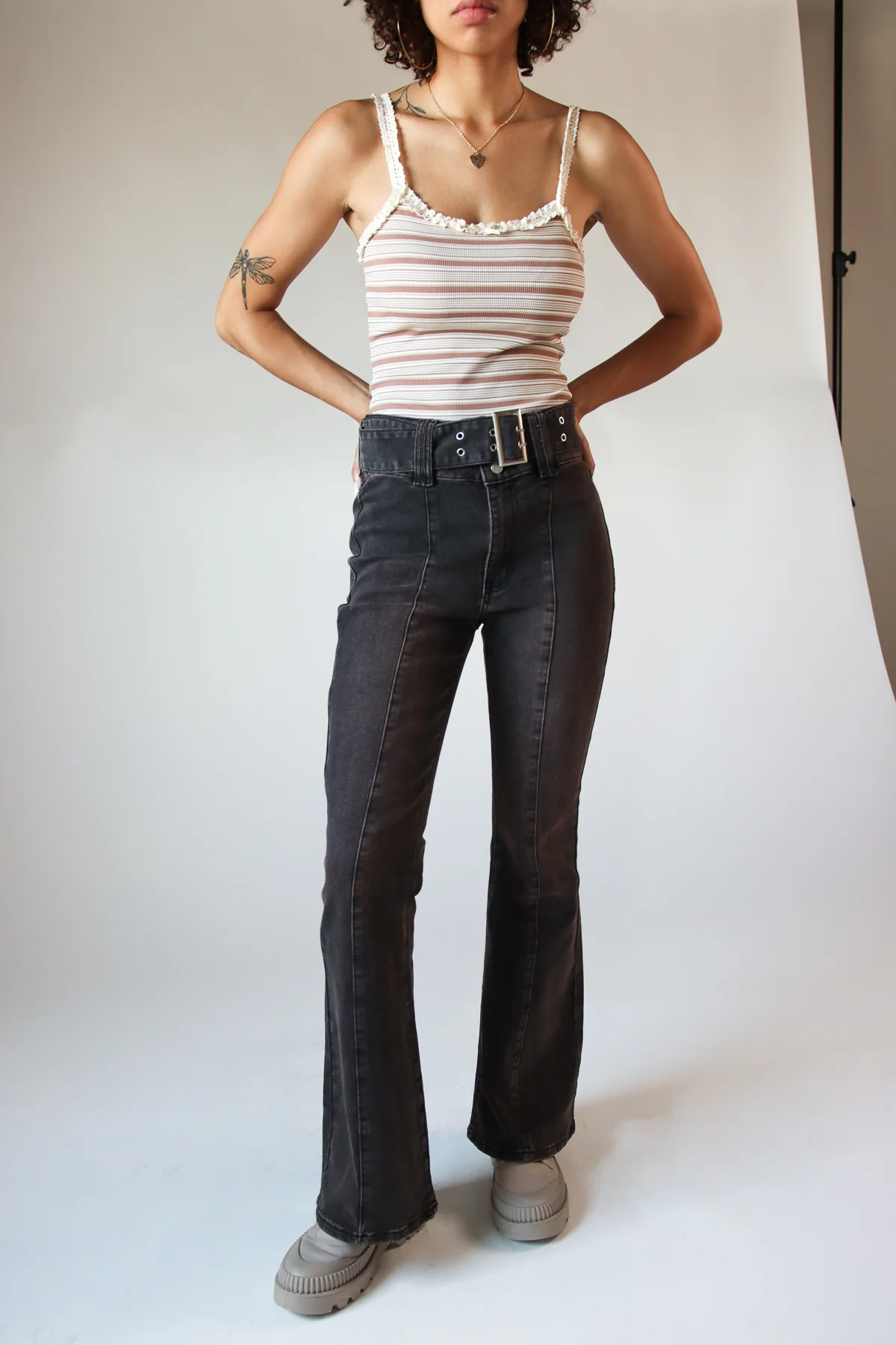 Belted Flare Grunge Wash Jeans - Image 19