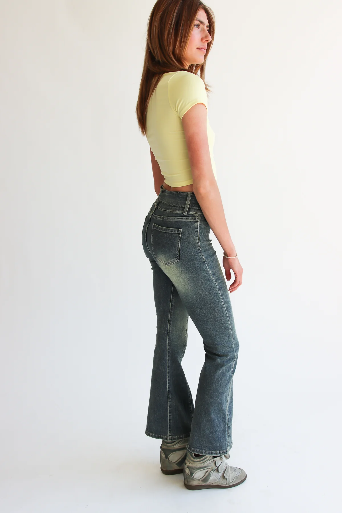 Belted Flare Grunge Wash Jeans - Image 6
