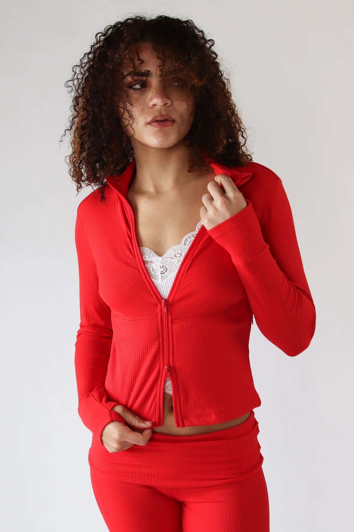 Ribbed Lightweight Fleece Lined Zip Up Top - Image 7