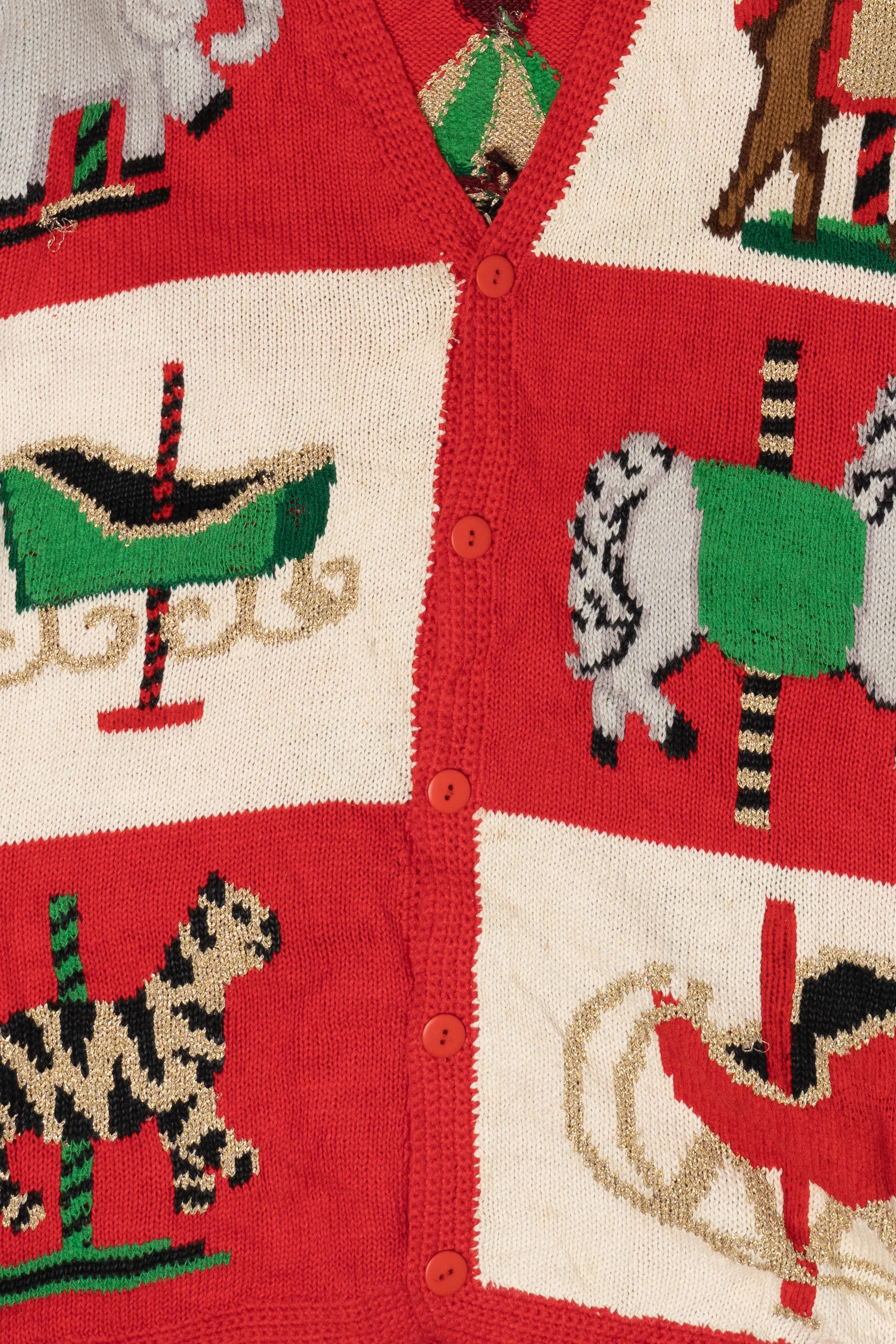 Vintage Hand Knit Carousel Ugly Christmas Sweater (1990s) - Image 3